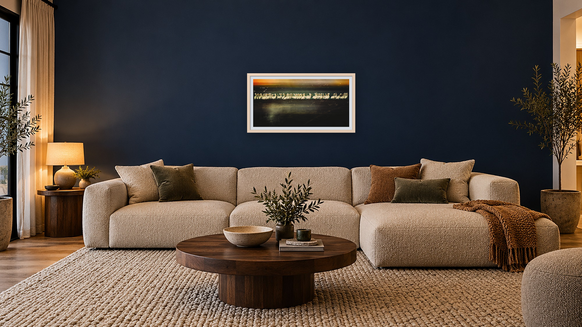 Migrate by Brandon Luther, shown at 20 × 40 in (50.8 × 101.6 cm) in Ramino Opaque White, media room