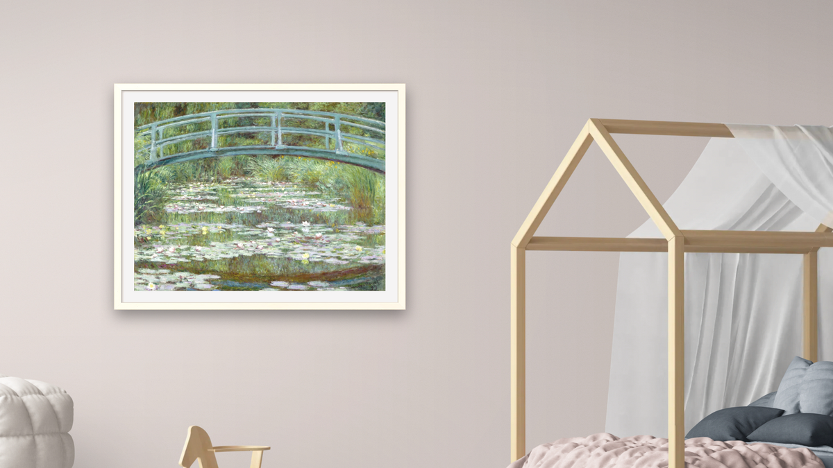 The Japanese Footbridge by Claude Monet, shown at 32 × 40 in (81.3 × 101.6 cm) in Ramino Opaque White, bedroom