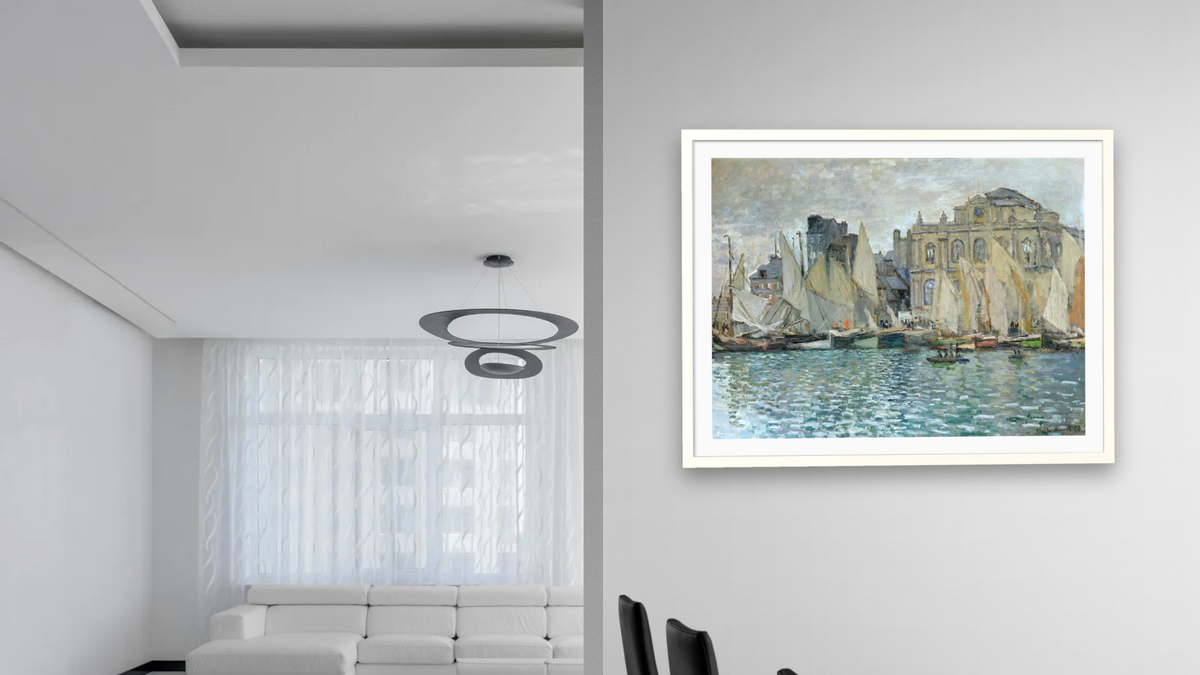 View of Le Havre by Claude Monet, shown at 30 × 40 in (76.2 × 101.6 cm) in Ramino Opaque White, dining
