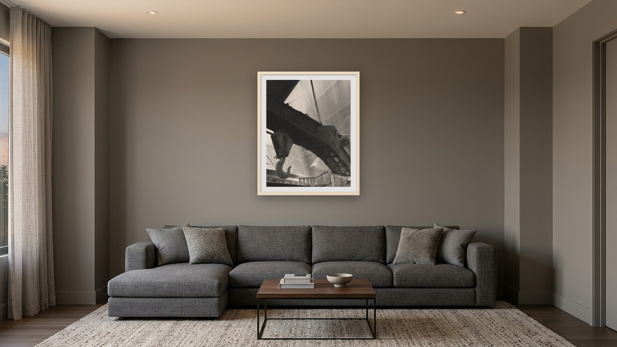Hook & Boom from the Nevada Northern Series by Gordon Osmundson, shown at 32 × 40 in (81.3 × 101.6 cm) in Ramino Opaque White, media room