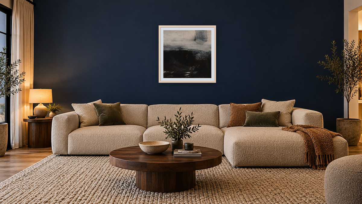 On The Low 1 by Dan Hobday, shown at 32 × 32 in (81.3 × 81.3 cm) in Ramino Opaque White, media room