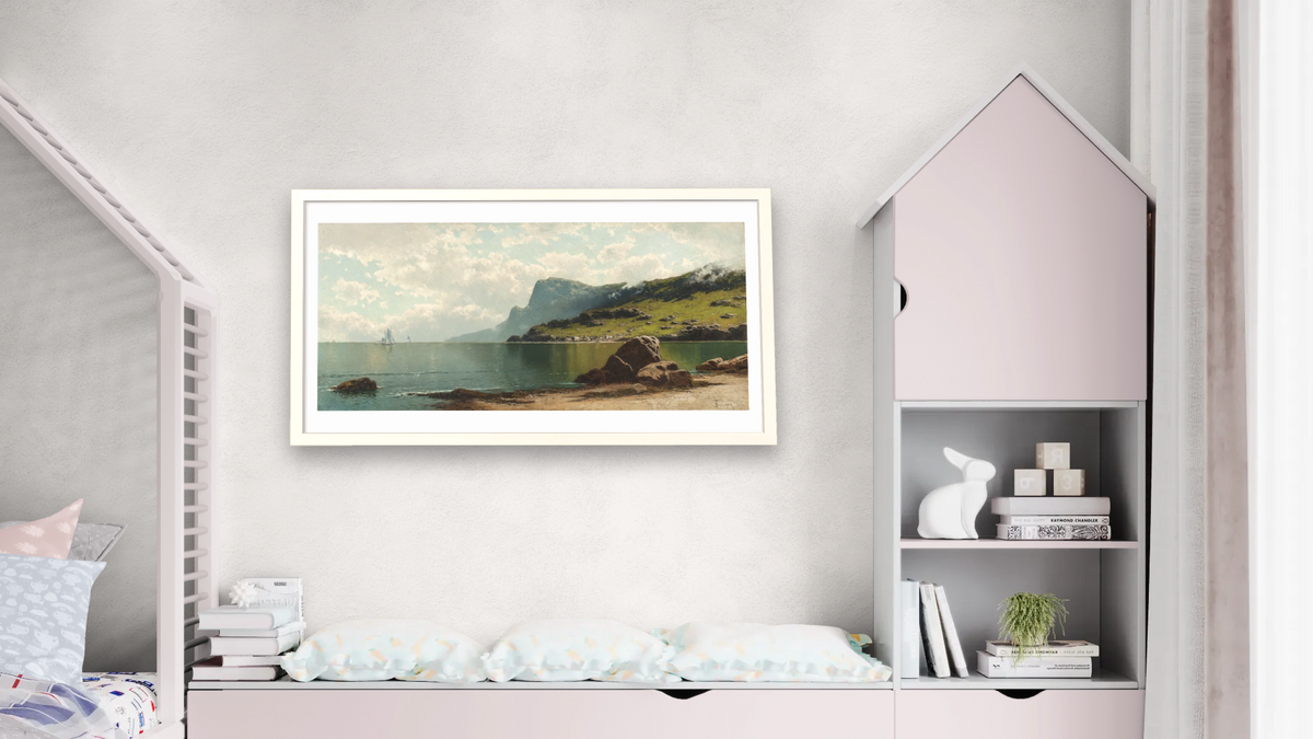 Seascape by Alfred Thompson Bricher, shown at 20 × 40 in (50.8 × 101.6 cm) in Ramino Opaque White, bedroom
