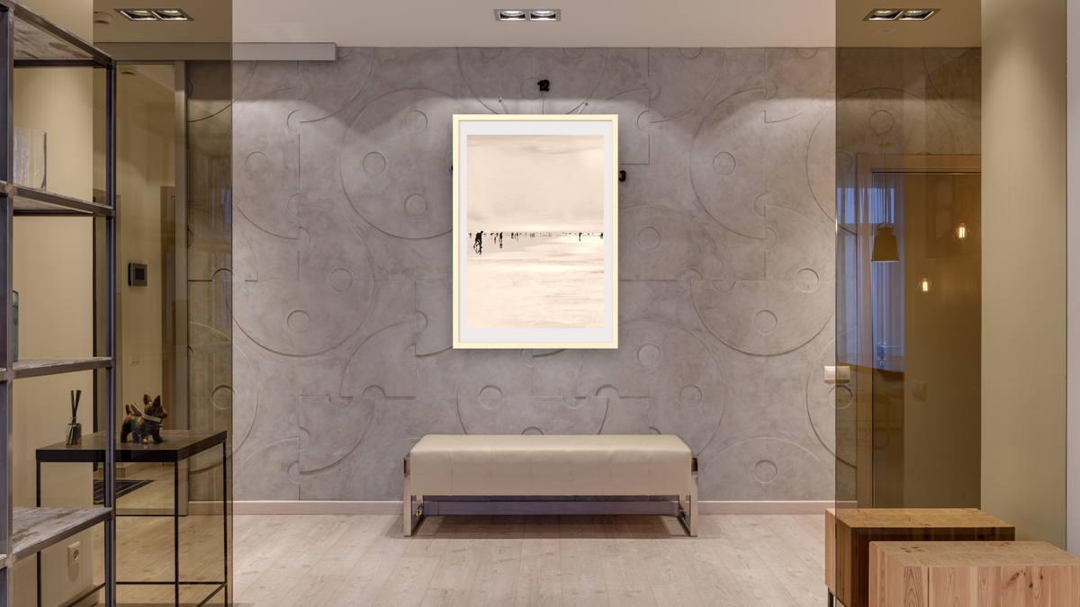 Beach Stroll by Dan Hobday, shown at 28 × 42 in (71.1 × 106.7 cm) in Ramino Opaque White, hallway
