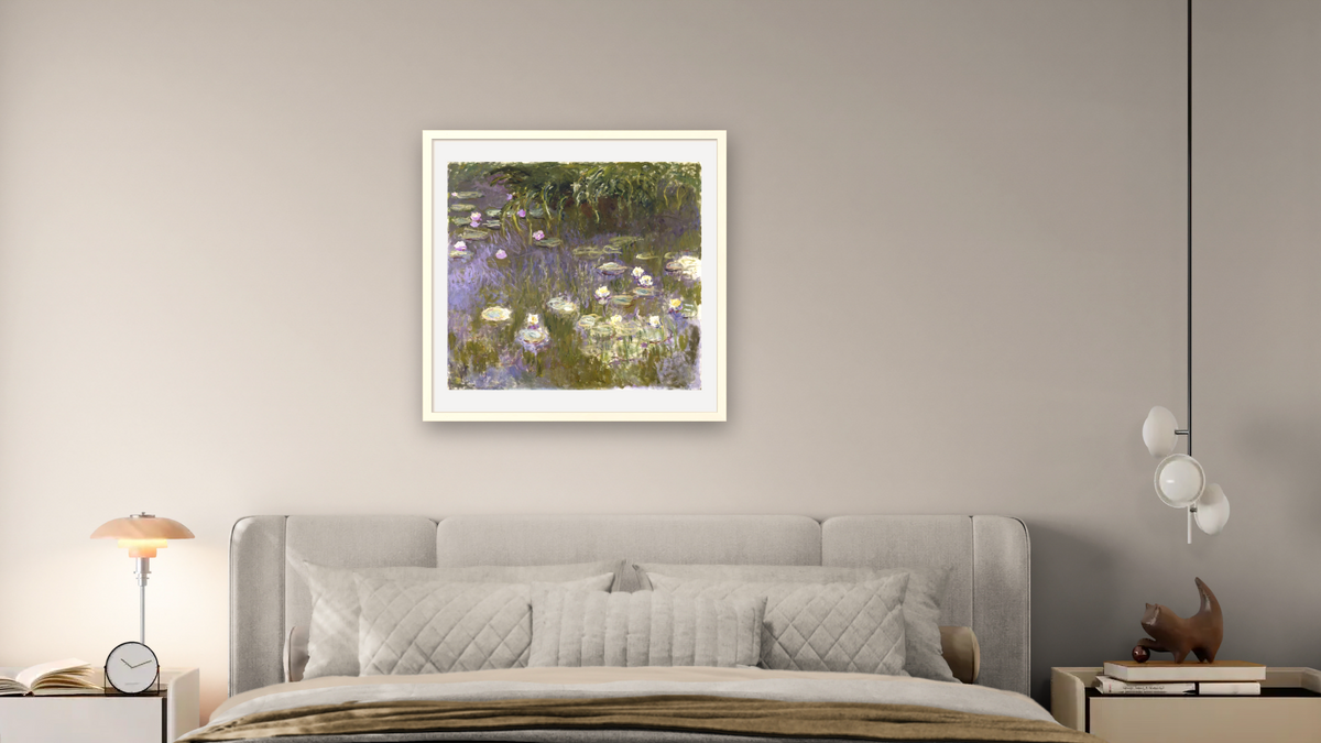 Water Lilies by Claude Monet, shown at 32 × 32 in (81.3 × 81.3 cm) in Ramino Opaque White, bedroom