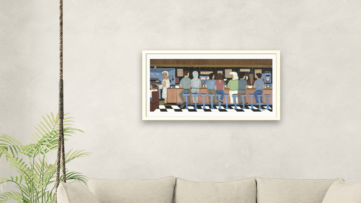 Luncheonette by Ralph Fasanella, shown at 20 × 40 in (50.8 × 101.6 cm) in Ramino Opaque White, living