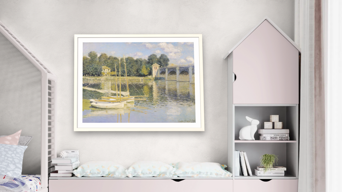 The Bridge at Argenteuil by Claude Monet, shown at 30 × 40 in (76.2 × 101.6 cm) in Ramino Opaque White, bedroom