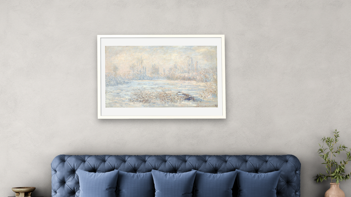 Le Givre (View of Vetheuil in Winter, Val-d'Oise, Ile-de-France) by Claude Monet, shown at 28 × 42 in (71.1 × 106.7 cm) in Ramino Opaque White, bedroom