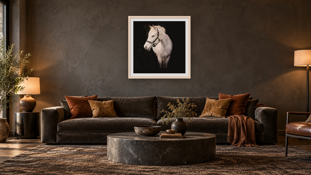 Maddie n black by Brandon Luther, shown at 32 × 32 in (81.3 × 81.3 cm) in Ramino Opaque White, den