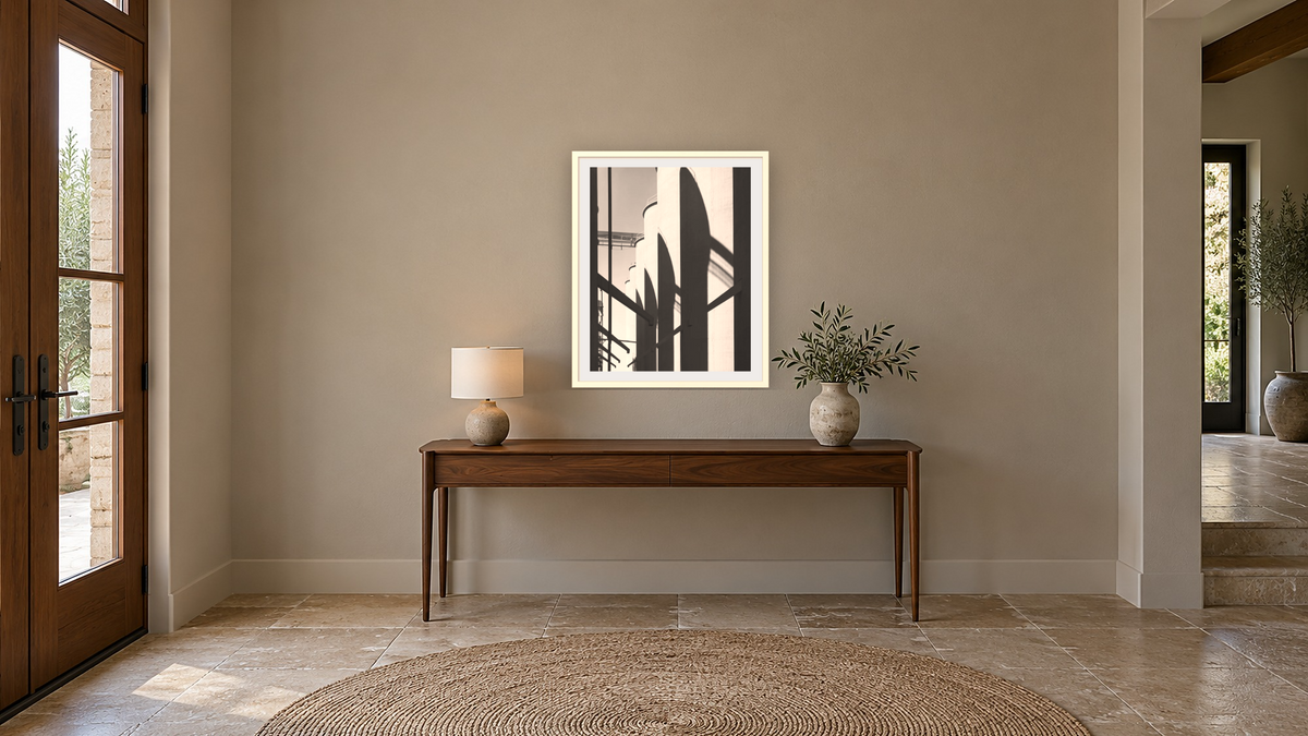 Strain Warehouse #14 by Gordon Osmundson, shown at 32 × 40 in (81.3 × 101.6 cm) in Ramino Opaque White, hallway