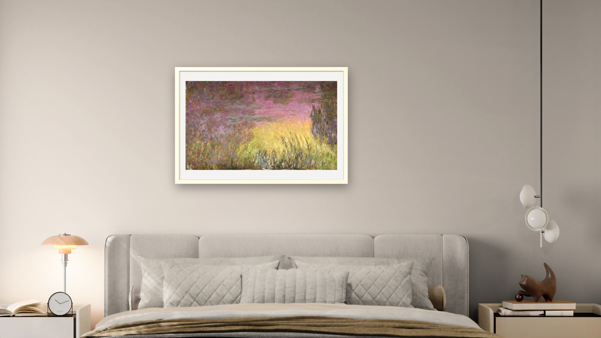 Waterlilies at Sunset, (detail of left side) by Claude Monet, shown at 28 × 42 in (71.1 × 106.7 cm) in Ramino Opaque White, bedroom