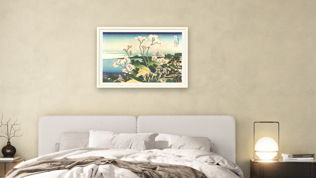Goten-yama Hill, at Shinagawa on the Tokaido by Katsushika Hokusai, shown at 28 × 42 in (71.1 × 106.7 cm) in Ramino Opaque White, bedroom