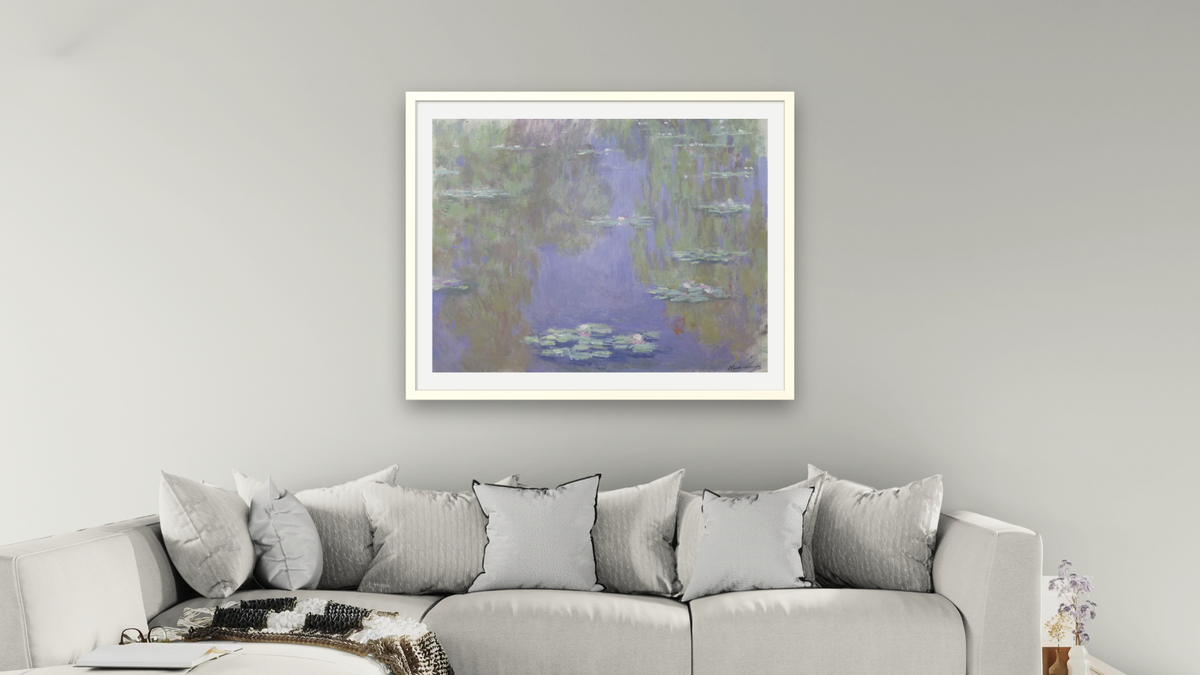 Waterlilies by Claude Monet, shown at 32 × 40 in (81.3 × 101.6 cm) in Ramino Opaque White, living