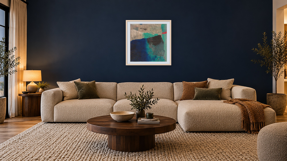 No. 108 by Michelle Oppenheimer, shown at 32 × 32 in (81.3 × 81.3 cm) in Ramino Opaque White, media room