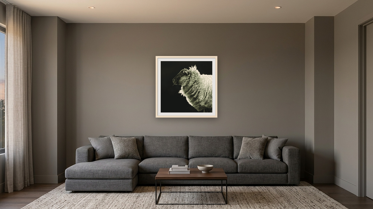 Delilah Crop by Brandon Luther, shown at 32 × 32 in (81.3 × 81.3 cm) in Ramino Opaque White, media room