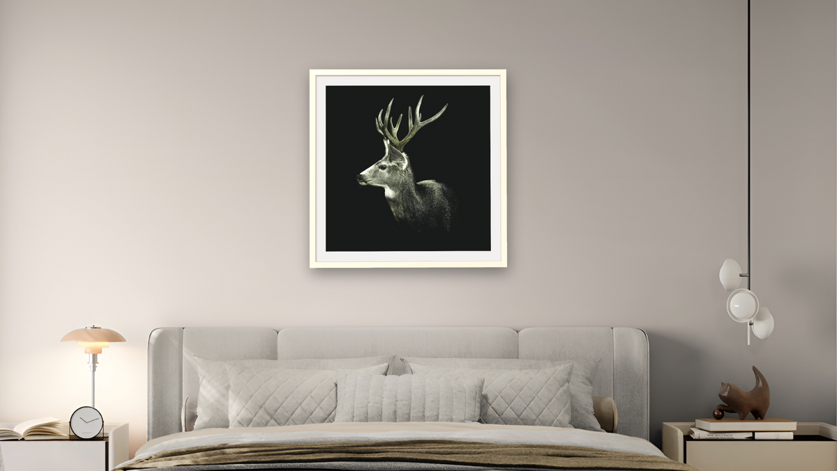 Mule Deer on Black by Brandon Luther, shown at 32 × 32 in (81.3 × 81.3 cm) in Ramino Opaque White, bedroom