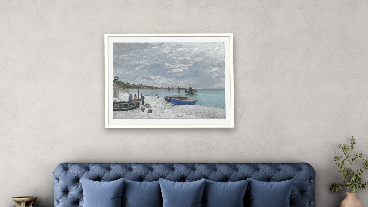 The Beach at Sainte-Adresse by Claude Monet, shown at 30 × 40 in (76.2 × 101.6 cm) in Ramino Opaque White, bedroom