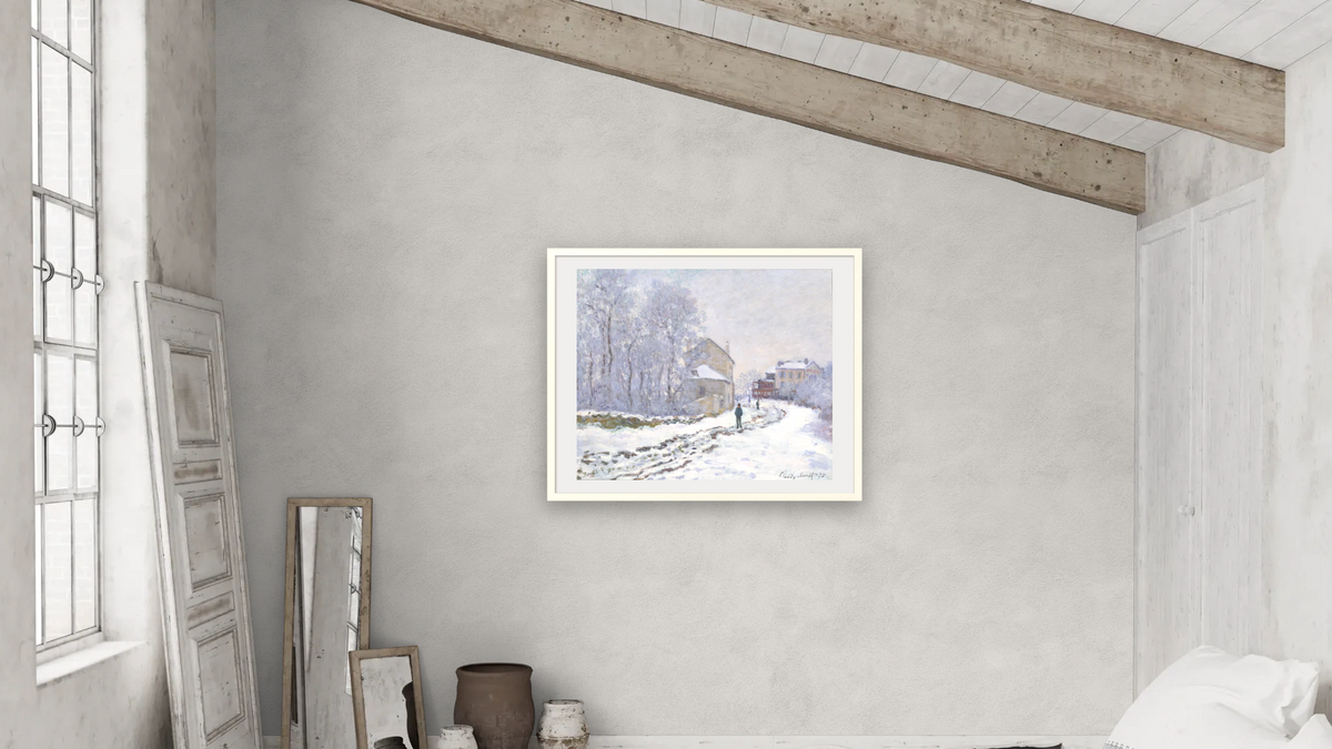 Snow in Argenteuil by Claude Monet, shown at 32 × 40 in (81.3 × 101.6 cm) in Ramino Opaque White, bedroom