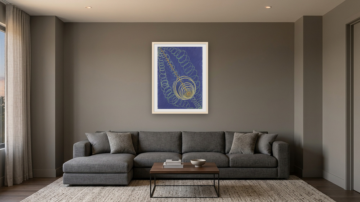 Group I, Primordial Chaos, No. 16, from The WU/Rose Series (Grupp 1, Urkaos, nr 16, Serie WU/Rosen) by Hilma af Klint, shown at 30 × 40 in (76.2 × 101.6 cm) in Ramino Opaque White, media room