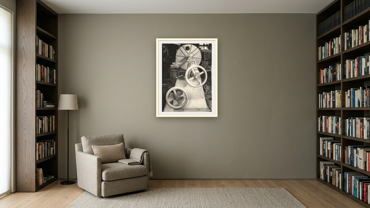 Axle Lathe #1 by Gordon Osmundson, shown at 30 × 40 in (76.2 × 101.6 cm) in Ramino Opaque White, library