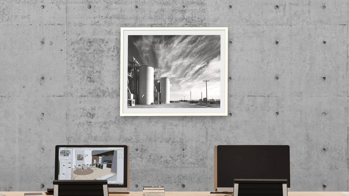 Grain Elevators with Clouds by Gordon Osmundson, shown at 32 × 40 in (81.3 × 101.6 cm) in Ramino Opaque White, office