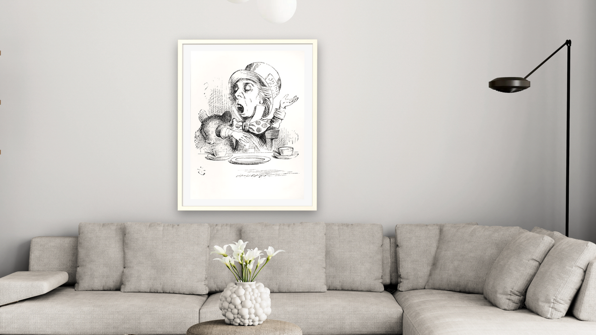 The Mad Hatter, illustration from 'Alice's Adventures in Wonderland', by Lewis Carroll by John Tenniel, shown at 30 × 40 in (76.2 × 101.6 cm) in Ramino Opaque White, living