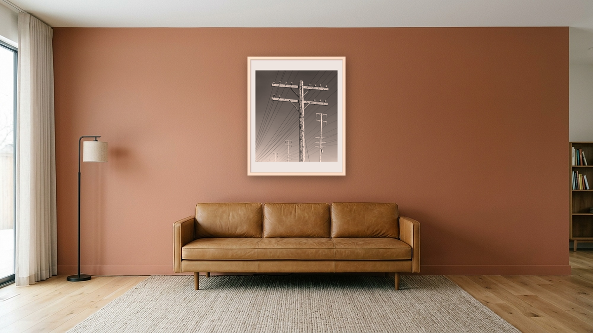 Poles and Wires by Gordon Osmundson, shown at 32 × 40 in (81.3 × 101.6 cm) in Ramino Opaque White, media room