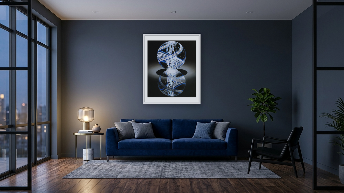 Solitaire Blue by Charles Bell, shown at 32 × 40 in (81.3 × 101.6 cm) in Ramino Opaque White, den