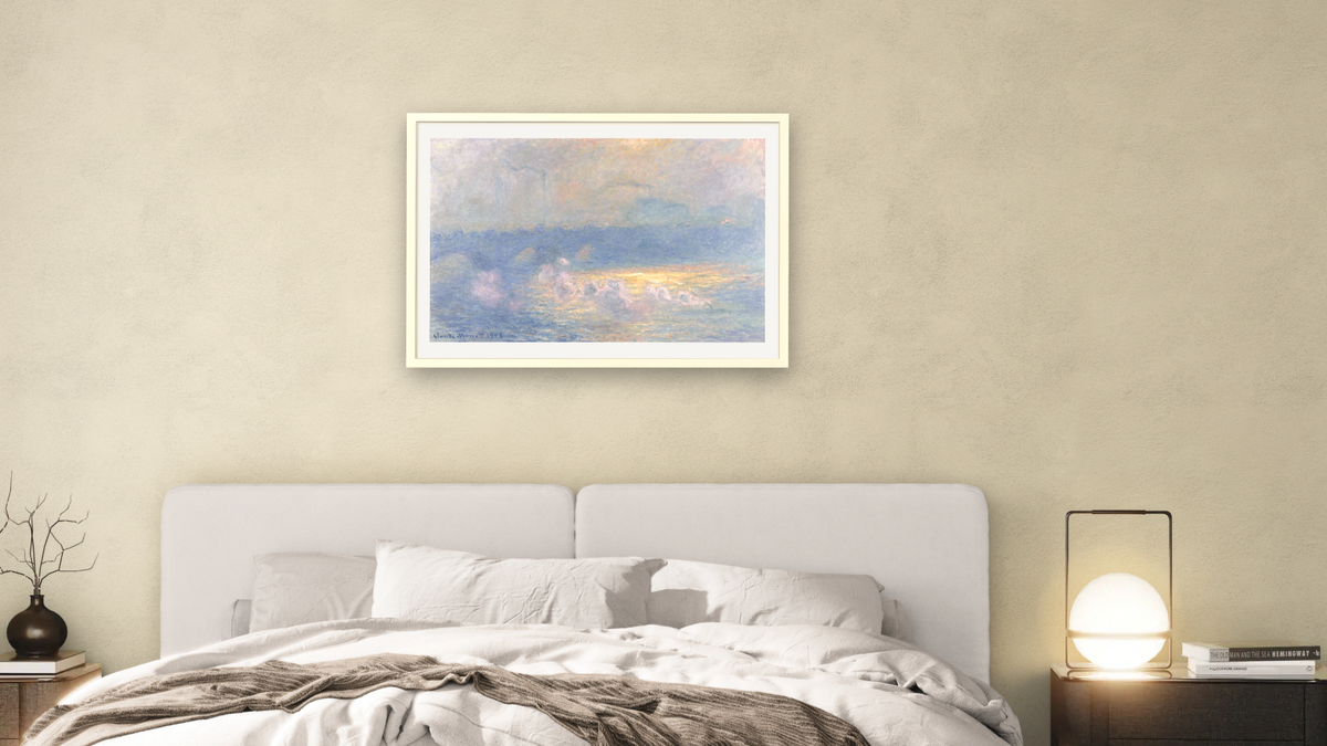 Waterloo Bridge, Sunlight Effect with Smoke by Claude Monet, shown at 28 × 42 in (71.1 × 106.7 cm) in Ramino Opaque White, bedroom
