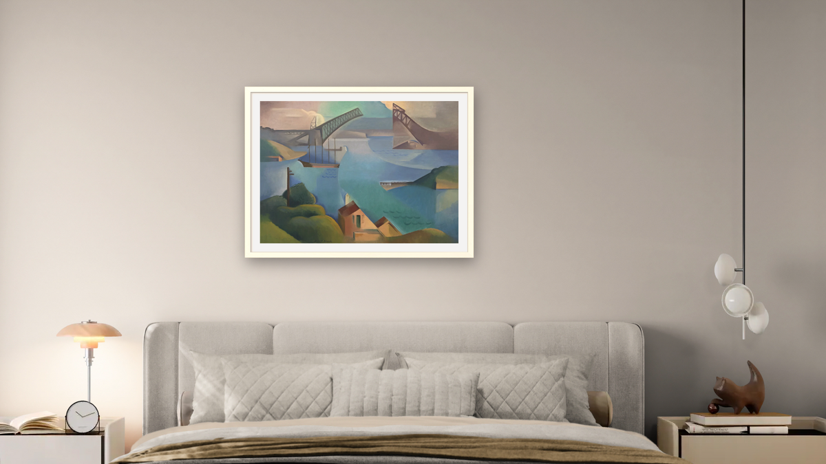 The bridge by Dorrit Black, shown at 30 × 40 in (76.2 × 101.6 cm) in Ramino Opaque White, bedroom