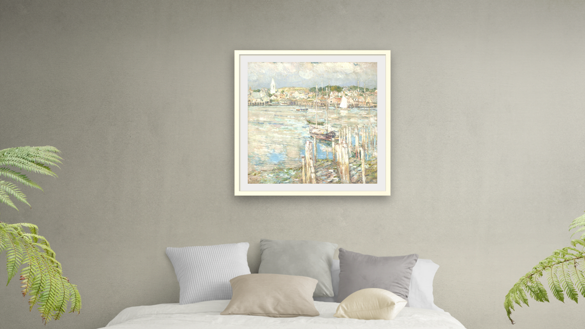 Gloucester by Childe Hassam, shown at 32 × 32 in (81.3 × 81.3 cm) in Ramino Opaque White, bedroom