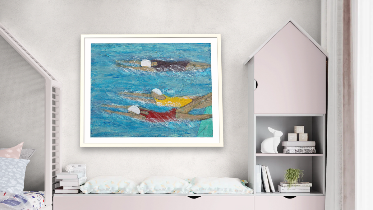 Striking the Surface by Dobee Snowber, shown at 32 × 40 in (81.3 × 101.6 cm) in Ramino Opaque White, bedroom