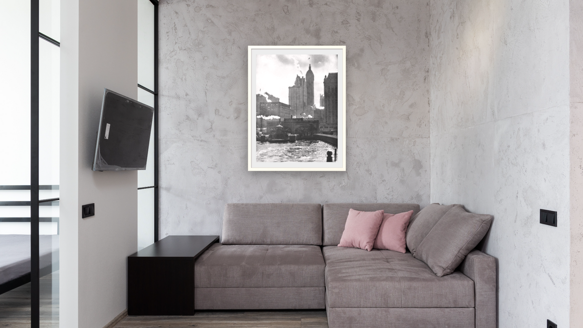 The City of Ambition by Alfred Stieglitz, shown at 30 × 40 in (76.2 × 101.6 cm) in Ramino Opaque White, media room