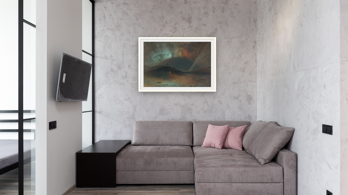 Aurora Borealis by Frederic Edwin Church, shown at 28 × 42 in (71.1 × 106.7 cm) in Ramino Opaque White, media room