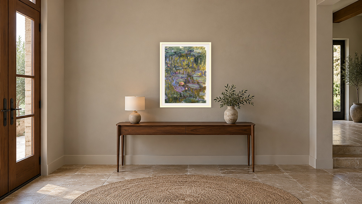 Water Lilies by Claude Monet, shown at 30 × 40 in (76.2 × 101.6 cm) in Ramino Opaque White, hallway