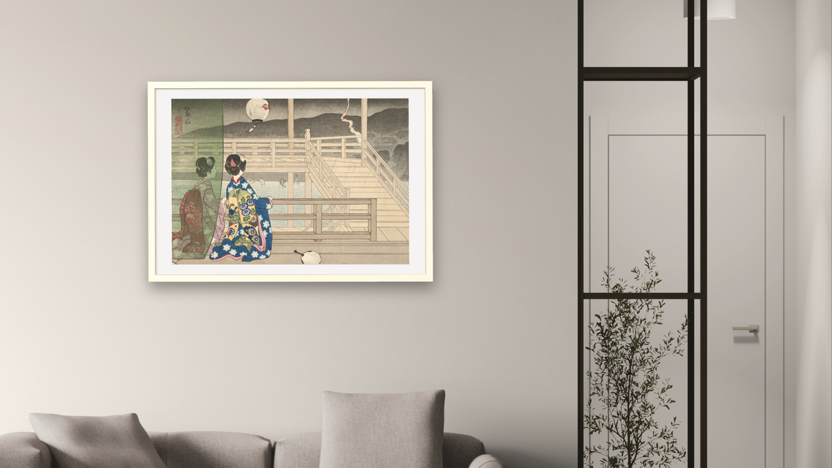 Shower on the Kamo River by Miki Suizan, shown at 28 × 42 in (71.1 × 106.7 cm) in Ramino Opaque White, living