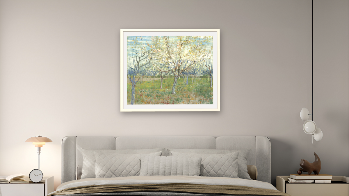 The Pink Orchard by Vincent van Gogh, shown at 32 × 40 in (81.3 × 101.6 cm) in Ramino Opaque White, bedroom