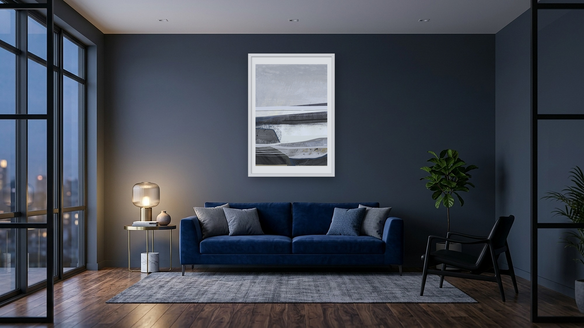 Bay 2 by Dan Hobday, shown at 28 × 42 in (71.1 × 106.7 cm) in Ramino Opaque White, den