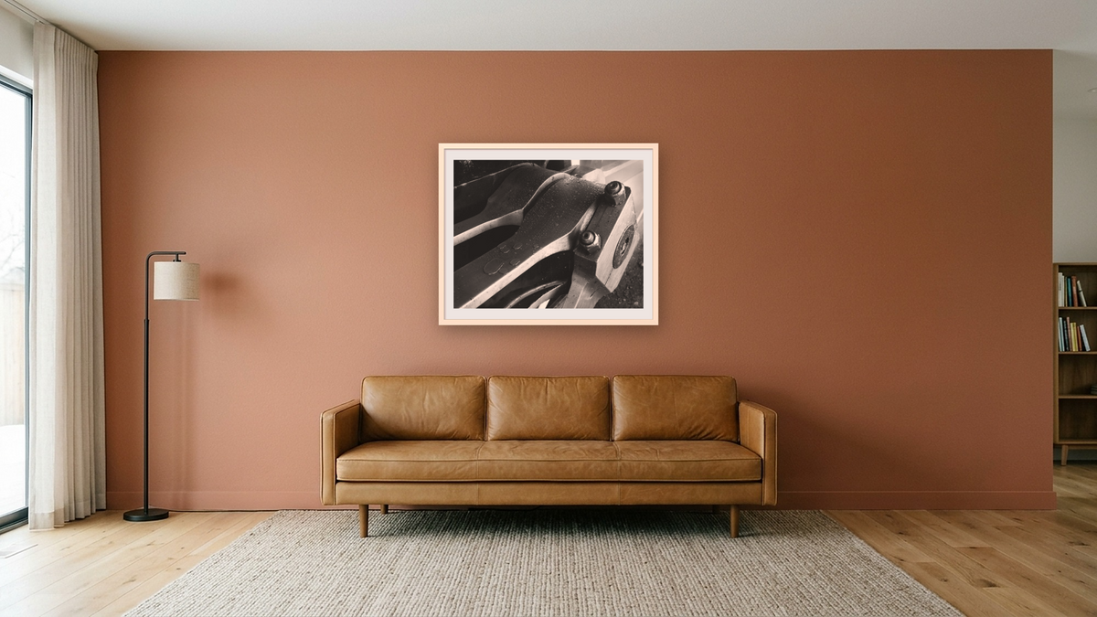 Oiled Rods, SP 2472 from the Railroad Series by Gordon Osmundson, shown at 32 × 40 in (81.3 × 101.6 cm) in Ramino Opaque White, media room