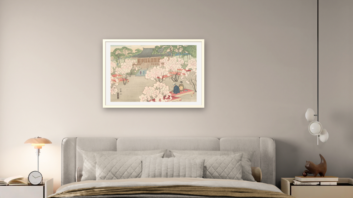 Cherry Blossoms at Omuro by Miki Suizan, shown at 28 × 42 in (71.1 × 106.7 cm) in Ramino Opaque White, bedroom