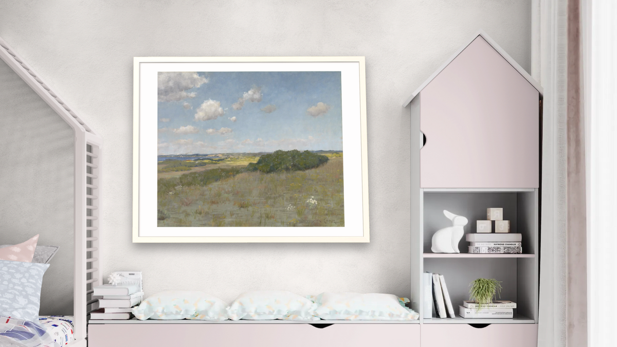 Sunlight and Shadow, Shinnecock Hills by William Merritt Chase, shown at 32 × 40 in (81.3 × 101.6 cm) in Ramino Opaque White, bedroom