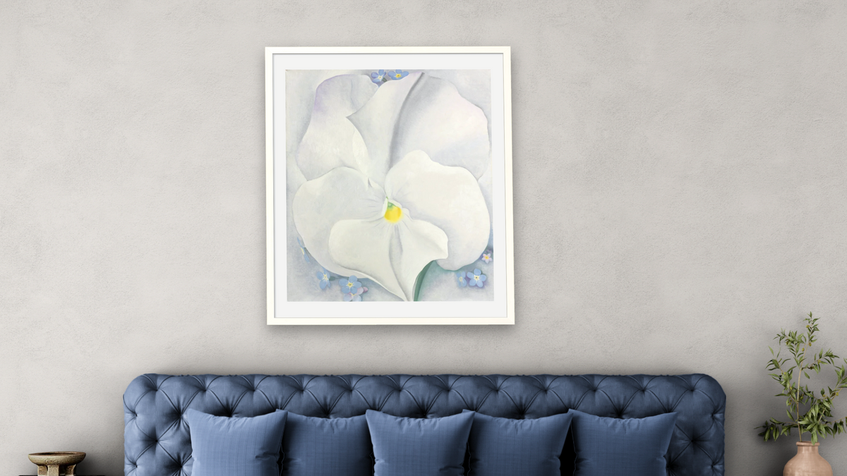 White Pansy by Georgia O'Keeffe, shown at 32 × 40 in (81.3 × 101.6 cm) in Ramino Opaque White, bedroom