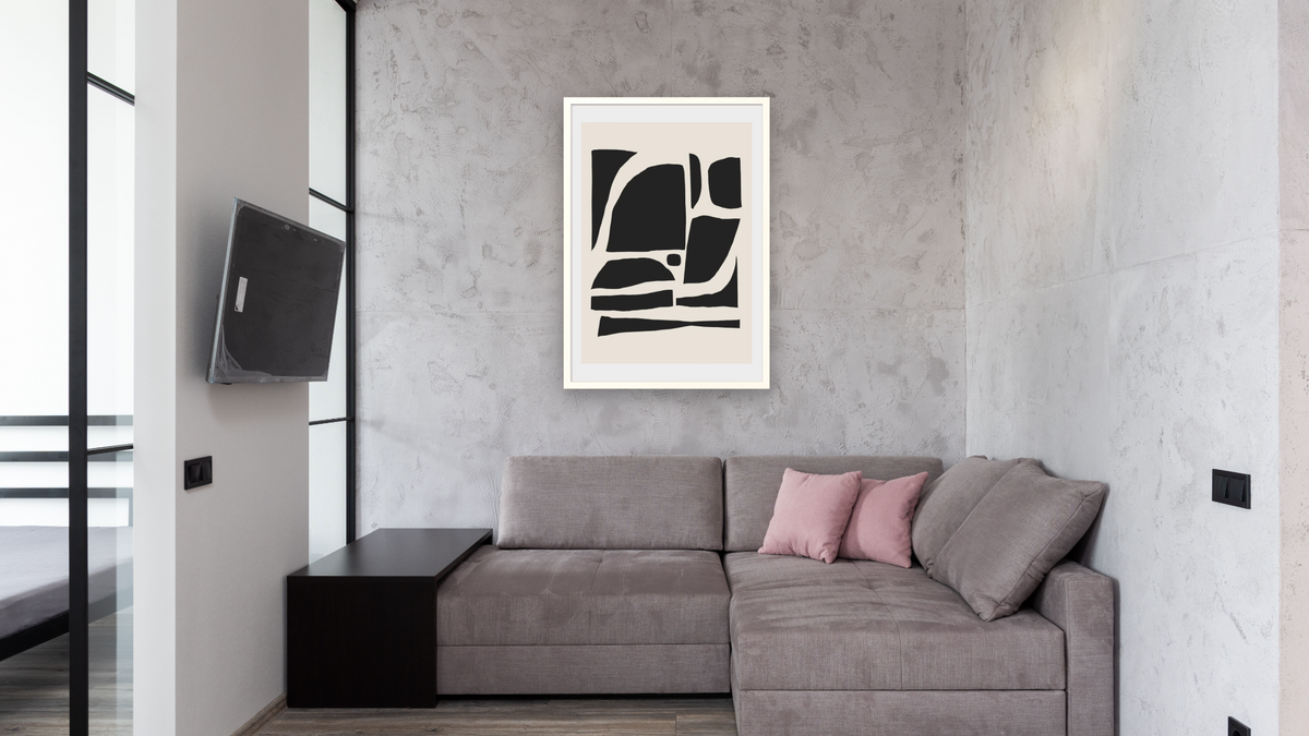 Boom 20 by Dan Hobday, shown at 28 × 42 in (71.1 × 106.7 cm) in Ramino Opaque White, media room