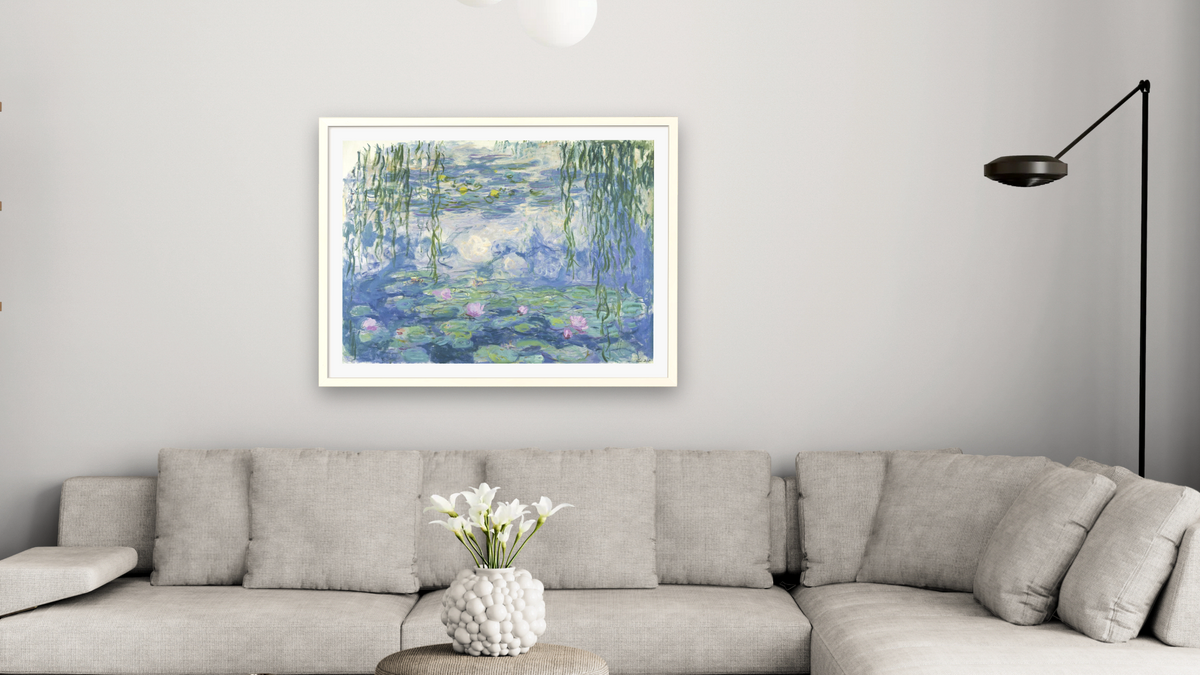 Waterlilies by Claude Monet, shown at 30 × 40 in (76.2 × 101.6 cm) in Ramino Opaque White, living