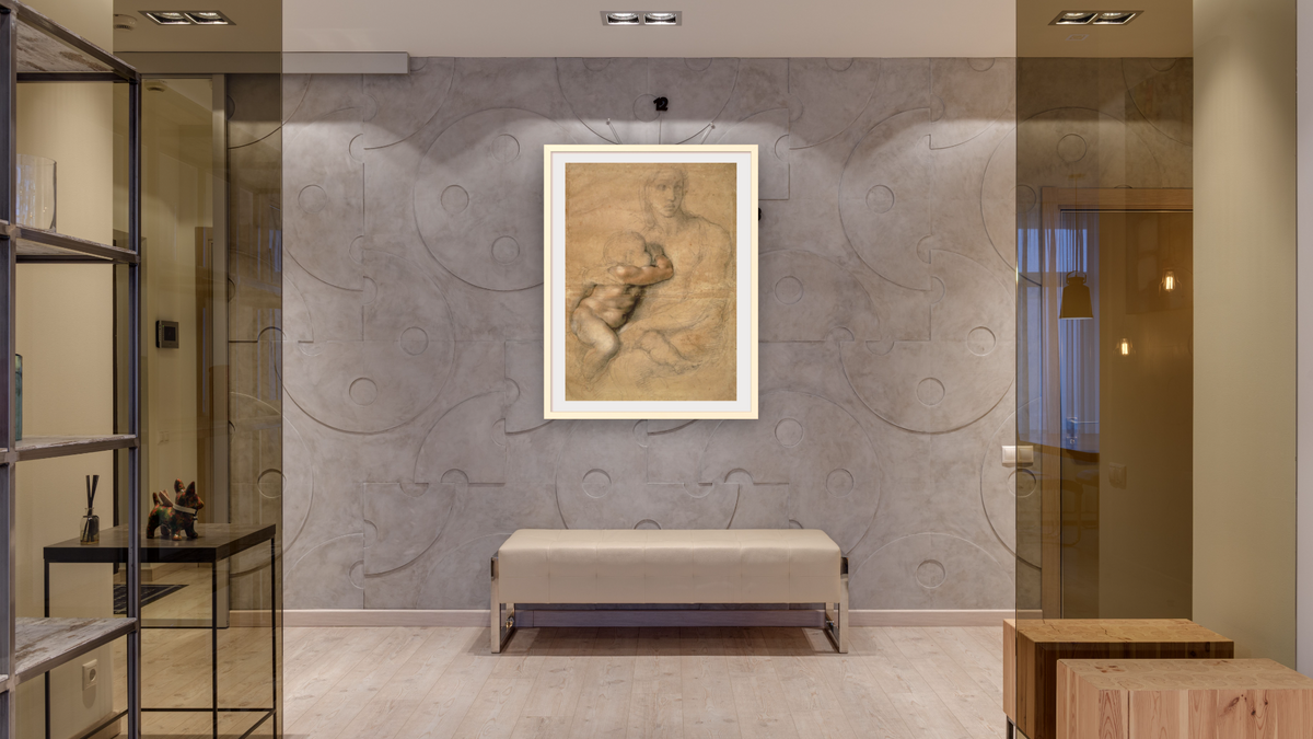 Madonna and child by Michelangelo Buonarroti, shown at 30 × 40 in (76.2 × 101.6 cm) in Ramino Opaque White, hallway