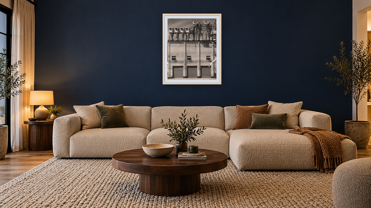Depue Warehouse #6, Dustbin Salute by Gordon Osmundson, shown at 32 × 40 in (81.3 × 101.6 cm) in Ramino Opaque White, media room