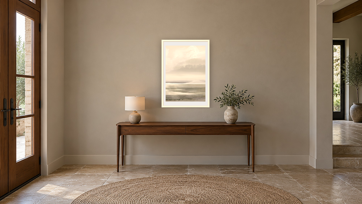 Lakes 2 by Dan Hobday, shown at 28 × 42 in (71.1 × 106.7 cm) in Ramino Opaque White, hallway