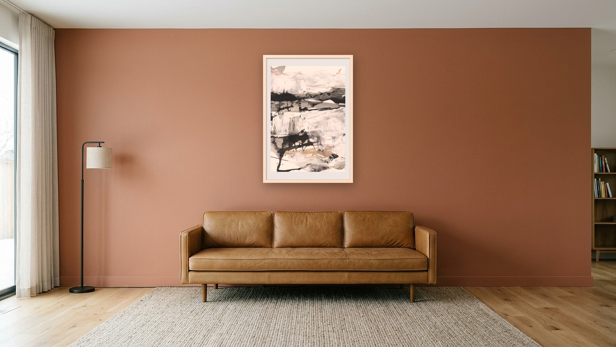 Crush 2 by Dan Hobday, shown at 28 × 42 in (71.1 × 106.7 cm) in Ramino Opaque White, media room