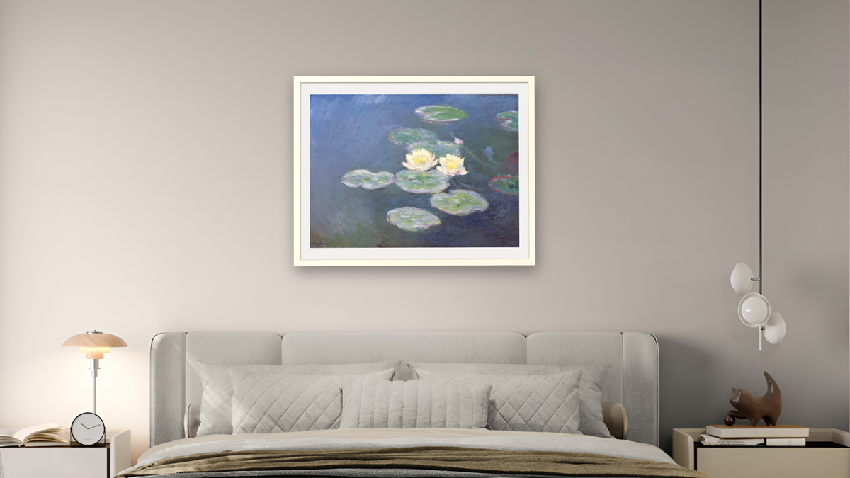 Nympheas: Sun Effects by Claude Monet, shown at 30 × 40 in (76.2 × 101.6 cm) in Ramino Opaque White, bedroom
