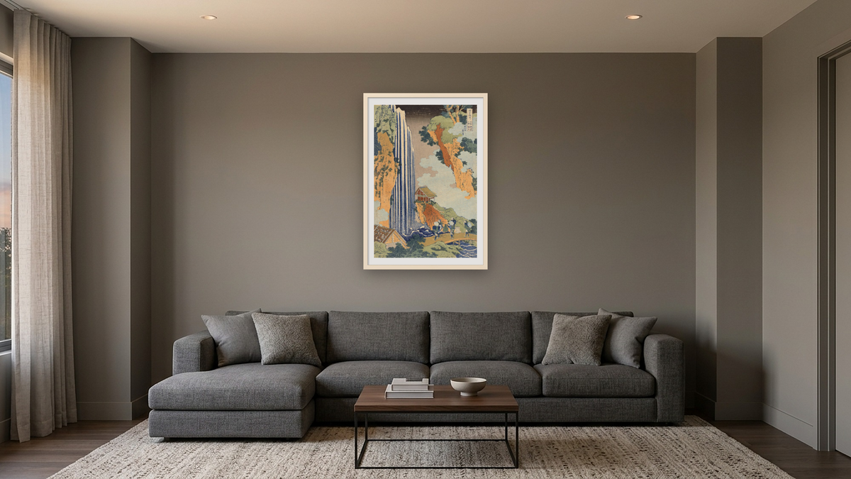 Ono Waterfall, the Kiso Highway by Katsushika Hokusai, shown at 28 × 42 in (71.1 × 106.7 cm) in Ramino Opaque White, media room