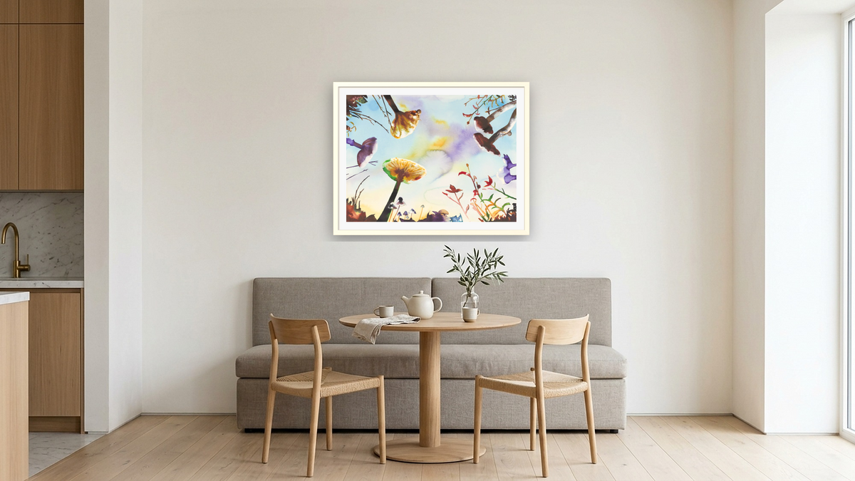 Mushrooms by Alexis Rockman, shown at 30 × 40 in (76.2 × 101.6 cm) in Ramino Opaque White, kitchen